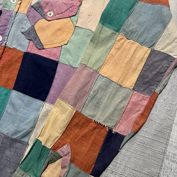 VTG 60s/70s Colorful Patchwork Linen Hippie Dagger Collar Boho Mens Button Shirt - Picture 4 of 7